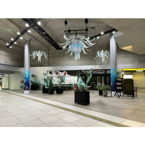 渋谷駅前エリアマネジメント - 一般社団法人SWiTCH × 一般社団法人渋谷駅前エリアマネジメント 「GREEN XROSSING SHIBUYA～渋谷で感じる海～」 東口地下広場にて廃棄された漁網を再利用した天吊りアート設置！